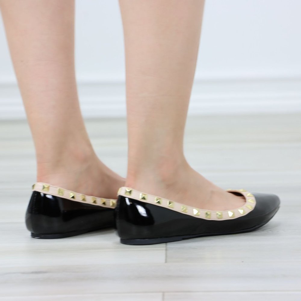 Black Patent Pointed Toe Slip On Flat Shoes Metal Gold Studs - Picture 9 of 11